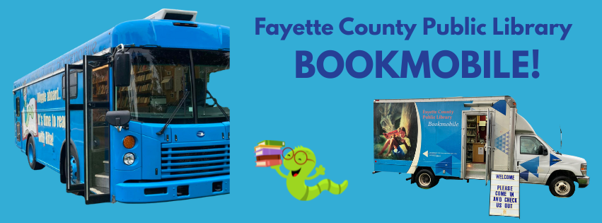 two images of Fayette County Bookmobiles, with tiny bookworm